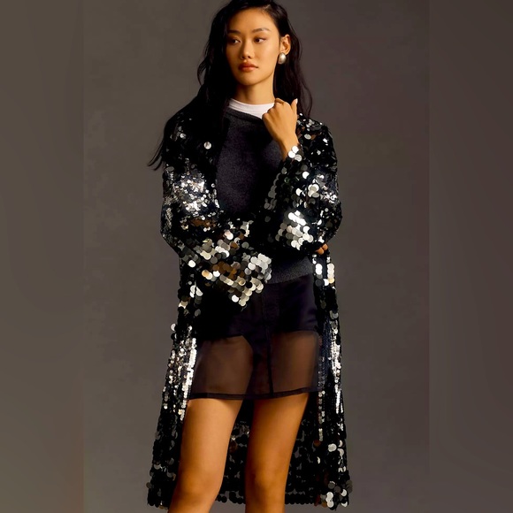 Anthropologie Ombré Black Silver Kimono Duster Jacket XS XL Sequin NWT HOST PICK - Picture 3 of 8